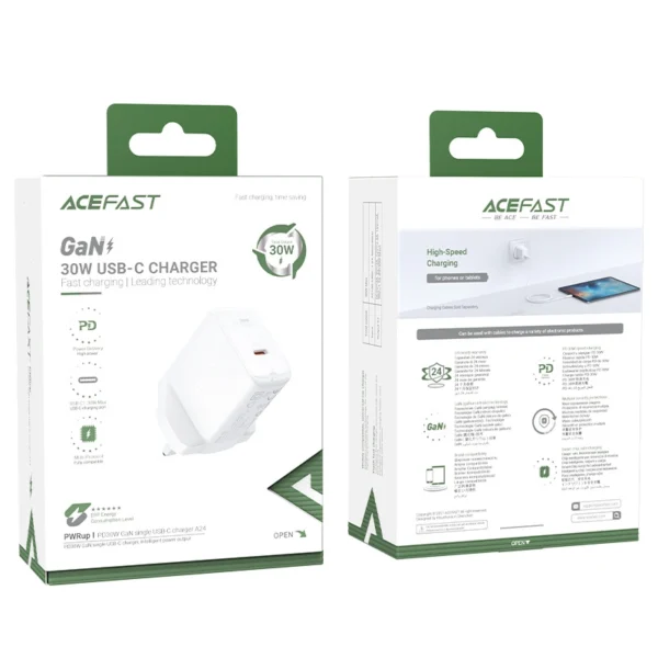 Acefast GaN wall charger (UK plug) USB Type C 30W, Power Delivery, PPS, Q3 3.0, AFC, FCP white (A24 UK white)eng
