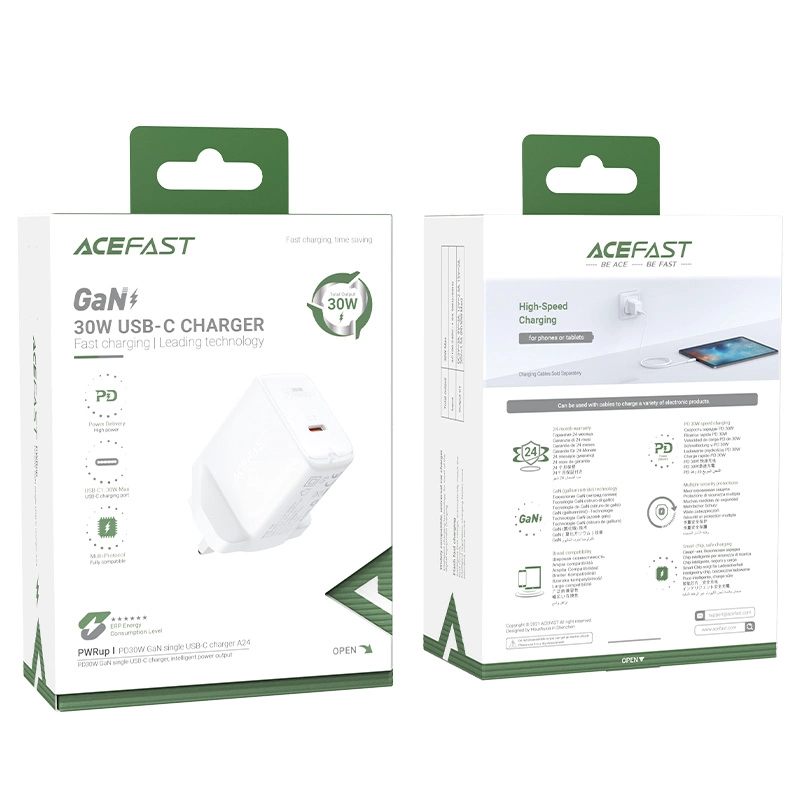 Acefast GaN wall charger (UK plug) USB Type C 30W, Power Delivery, PPS, Q3 3.0, AFC, FCP white (A24 UK white)eng
