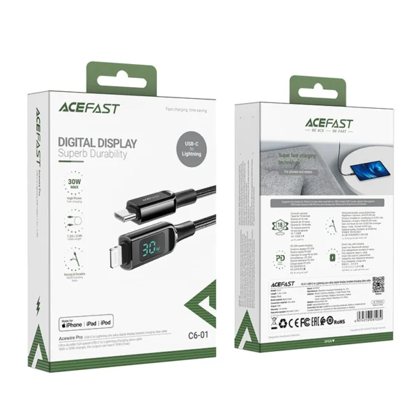Acefast cable MFI USB Type C - Lightning 1.2m, 30W, 3A black (C6-01 Black)eng