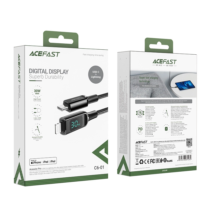 Acefast cable MFI USB Type C - Lightning 1.2m, 30W, 3A black (C6-01 Black)eng