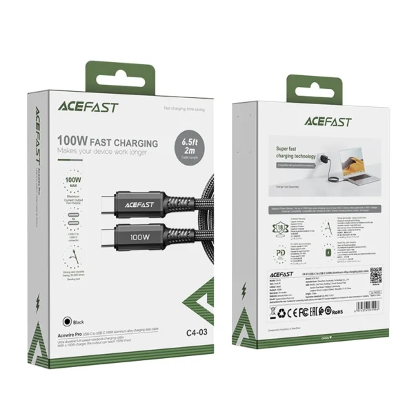Acefast C4-03 Black USB-C - USB-C PD QC cable 100W 5A 480Mb/s 2m - blackeng