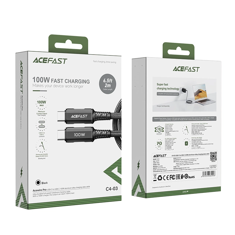 Acefast C4-03 Black USB-C - USB-C PD QC cable 100W 5A 480Mb/s 2m - blackeng