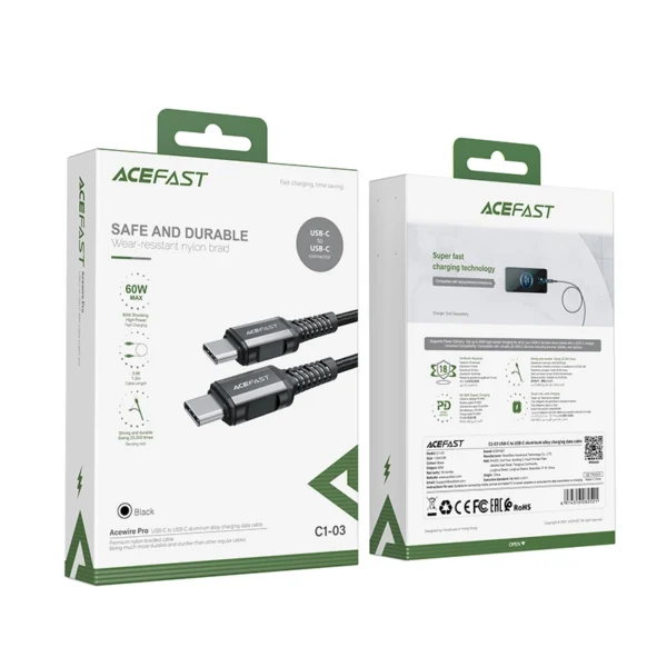 Acefast C1-03 USB-C - USB-C PD QC cable 60W 3A 480Mb/s 1.2m - blackeng