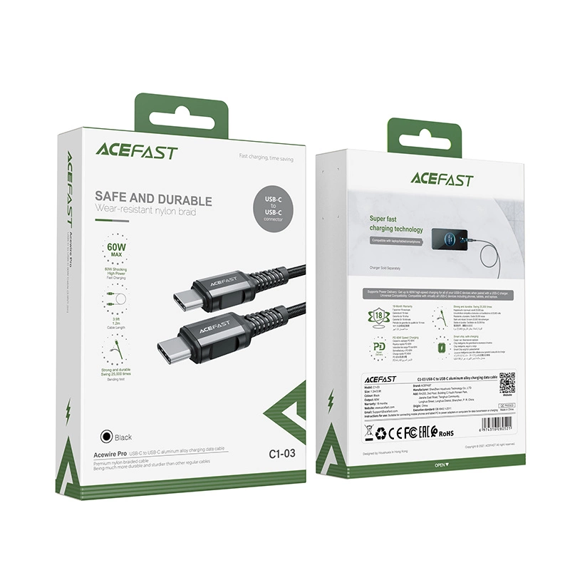 Acefast C1-03 USB-C - USB-C PD QC cable 60W 3A 480Mb/s 1.2m - blackeng