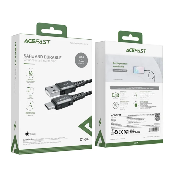 Acefast USB cable - USB Type C 1.2m, 3A black (C1-04 black)eng
