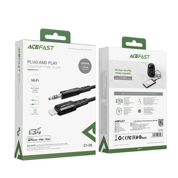 Acefast audio cable MFI Lightning - 3.5mm mini jack (male) 1.2m, AUX black (C1-06 black)eng