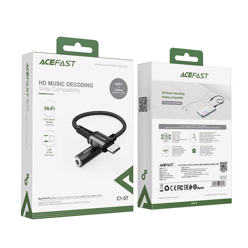 Acefast audio cable USB Type C - 3.5mm mini jack (female) 18cm, DAC, AUX black (C1-07 black)eng
