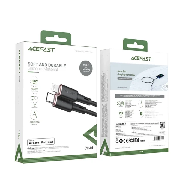 Acefast cable MFI USB Type C - Lightning 1.2m, 30W, 3A black (C2-01 black)eng