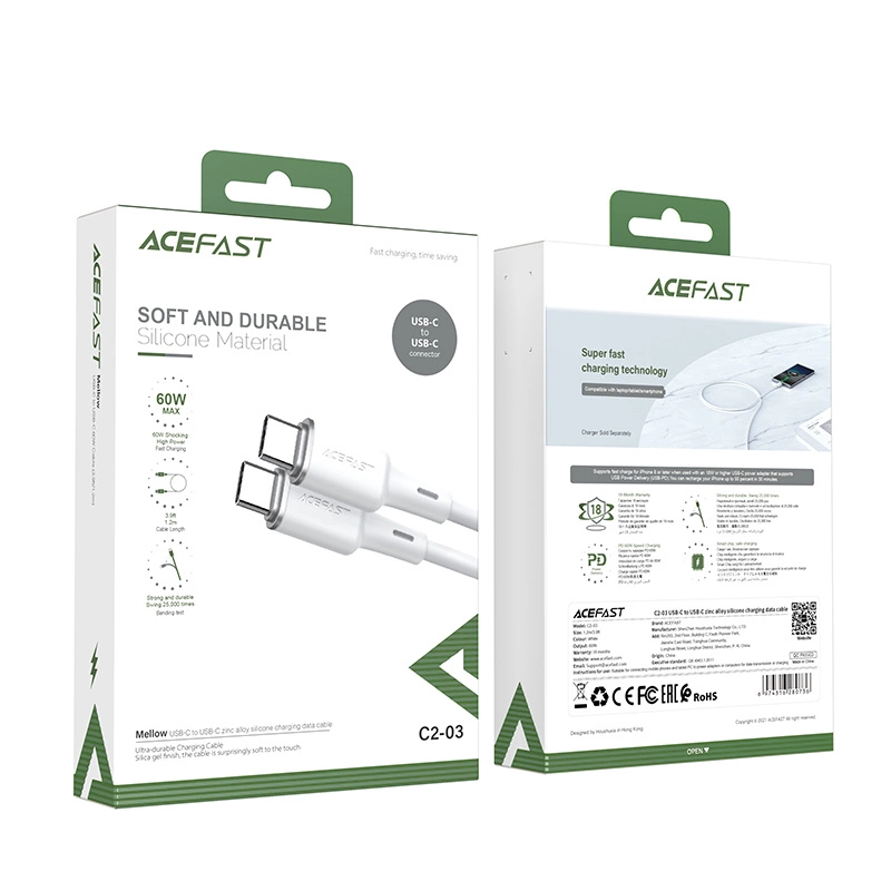 Acefast C2-03-CC USB-C - USB-C PD QC cable 60W 3A 480Mb/s 1.2m - whiteeng