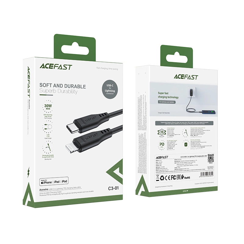 Acefast cable MFI USB Type C - Lightning 1.2m, 30W, 3A black (C3-01 black)eng
