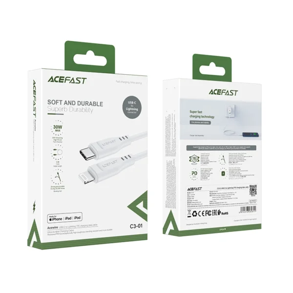 Acefast C3-01 Lightning - USB-C PD cable 30W 3A 480Mb/s 1.2m - whiteeng