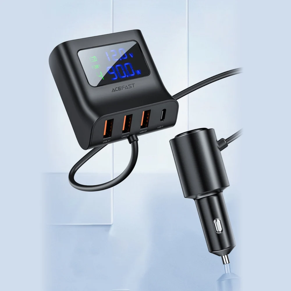 Acefast car charger 90W USB Type C / 3x USB / cigarette lighter socket, PPS, PD3.0, QC3.0, AFC, FCP charging station black (B8 black)eng