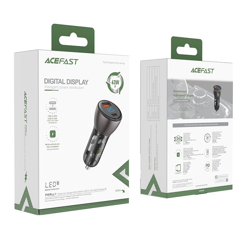 Acefast Car Charger 63W USB Type C / USB, PD3.0, PPS, QC3.0, AFC, FCP, SFCP black (B6 black)eng