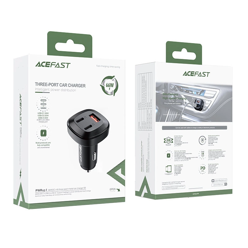Acefast car charger 66W 2x USB Type C / USB, PPS, Power Delivery, Quick Charge 4.0, AFC, FCP, SCP black (B3 black)eng
