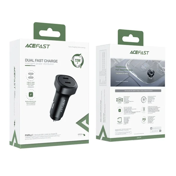 Acefast car charger 72W, 2x USB Type C, PPS, Power Delivery, Quick Charge 3.0, AFC, FCP black (B2 black)eng