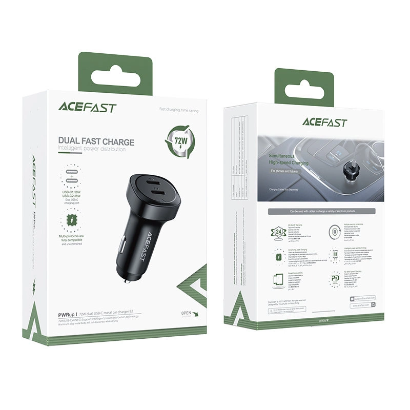 Acefast car charger 72W, 2x USB Type C, PPS, Power Delivery, Quick Charge 3.0, AFC, FCP black (B2 black)eng