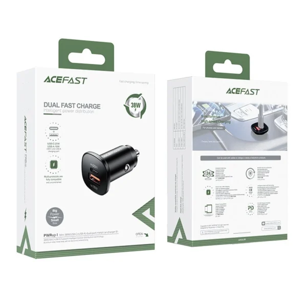 Acefast car charger 38W USB Type C / USB, PPS, Power Delivery, Quick Charge 3.0, AFC, FCP black (B1 black)eng