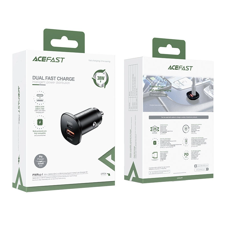 Acefast car charger 38W USB Type C / USB, PPS, Power Delivery, Quick Charge 3.0, AFC, FCP black (B1 black)eng