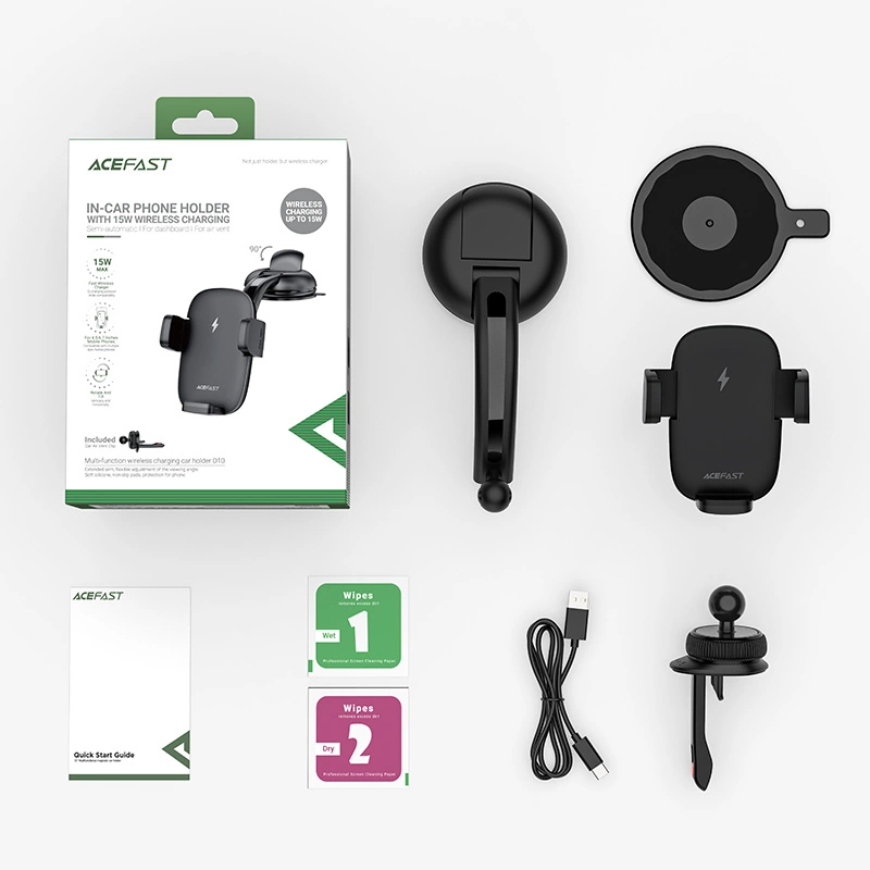 Acefast automatic phone holder for windshield, cockpit and air vent with Qi 15W wireless charger black (D10)eng