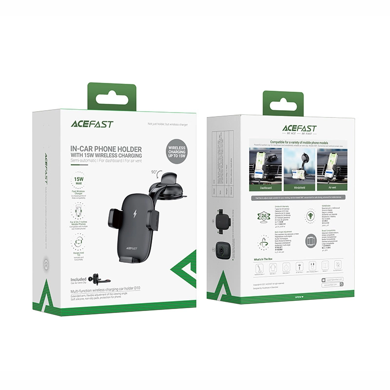 Acefast automatic phone holder for windshield, cockpit and air vent with Qi 15W wireless charger black (D10)eng