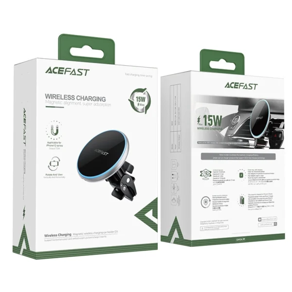 Acefast Qi 15W wireless car charger, magnetic phone holder for air vent, black (D3 black)eng