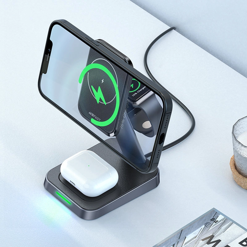 Acefast Qi Wireless Charger 15W for iPhone (with MagSafe), Apple Watch and Apple AirPods Stand Holder Magnetic Holder Black (E3 black)eng