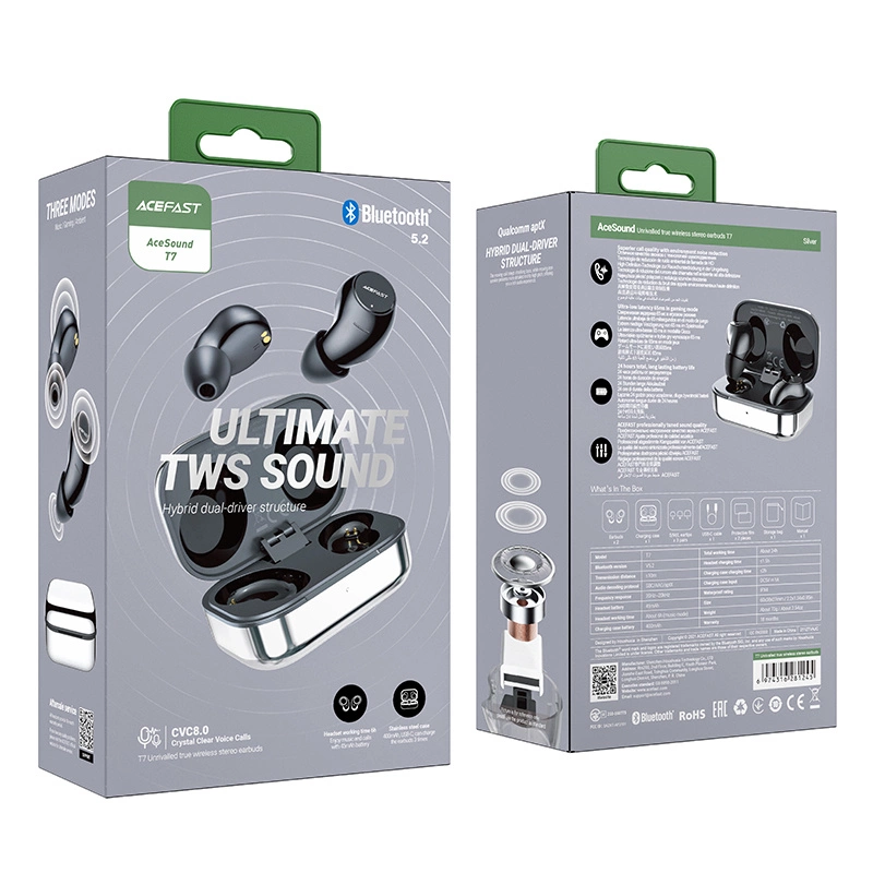 Acefast gaming in-ear wireless headphones TWS Bluetooth 5.2, cVc 8.0, aptX, SBC, AAC, 65ms delay waterproof IPX4 silver (T7 silver)eng