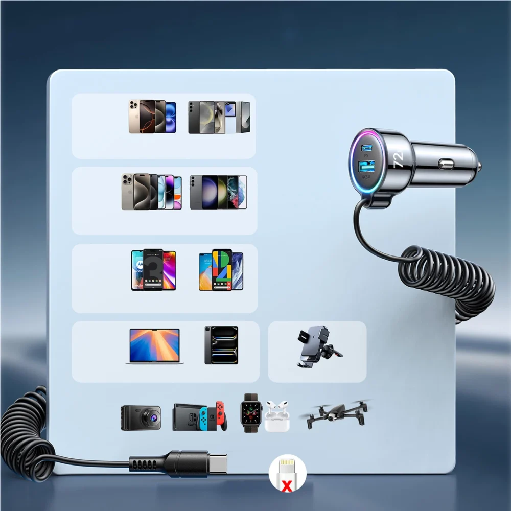Joyroom JR-CL07 72W 3in1 Car Charger with 1.6m USB-C Cable – Blackeng