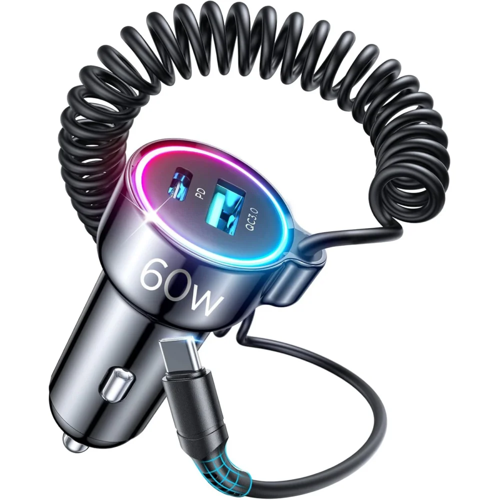 Joyroom 3 in 1 fast car charger with USB Type C cable 1.6m 60W black (JR-CL07)eng