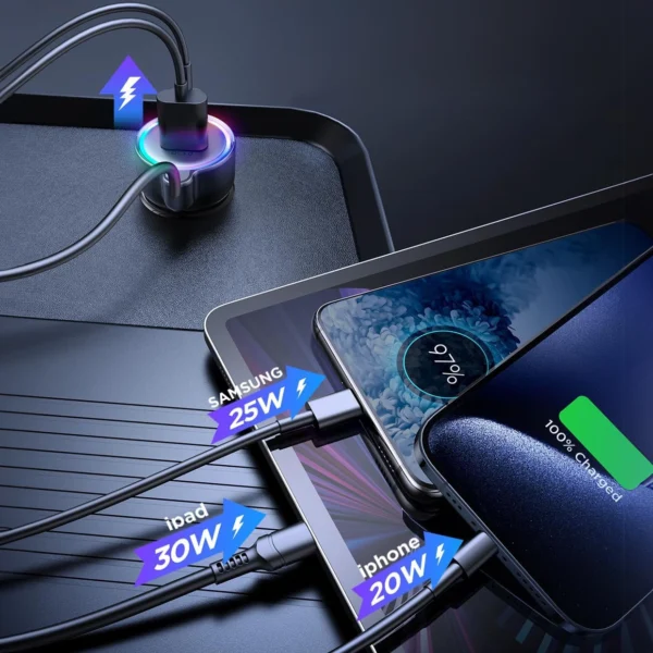 Joyroom 3 in 1 fast car charger with USB Type C cable 1.6m 60W black (JR-CL07)eng