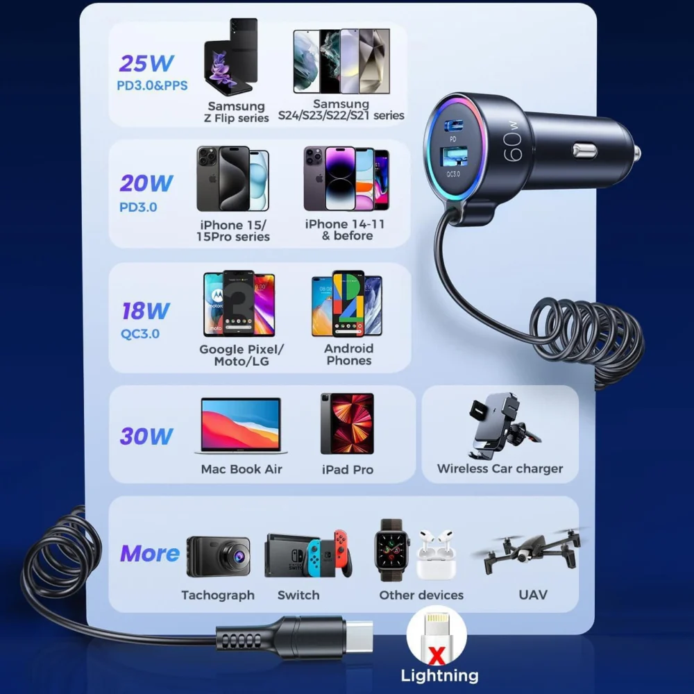 Joyroom 3 in 1 fast car charger with USB Type C cable 1.6m 60W black (JR-CL07)eng