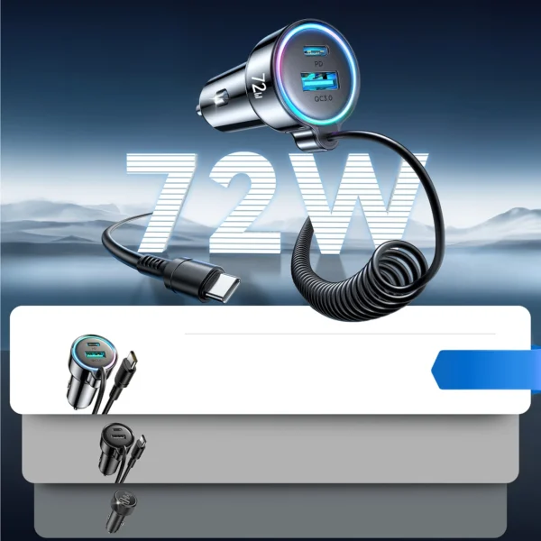 Joyroom JR-CL07 72W 3in1 Car Charger with 1.6m USB-C Cable – Blackeng