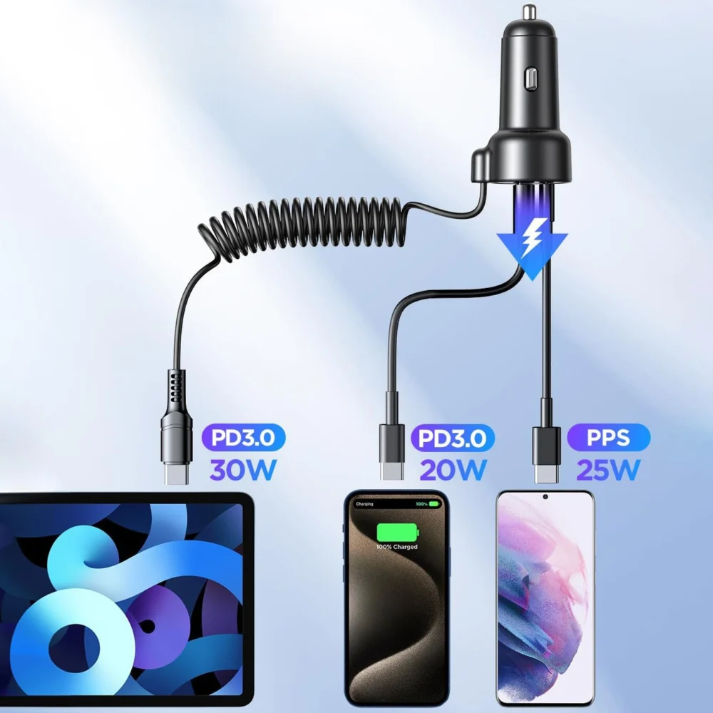 Joyroom 3 in 1 fast car charger with USB Type C cable 1.6m 60W black (JR-CL07)eng