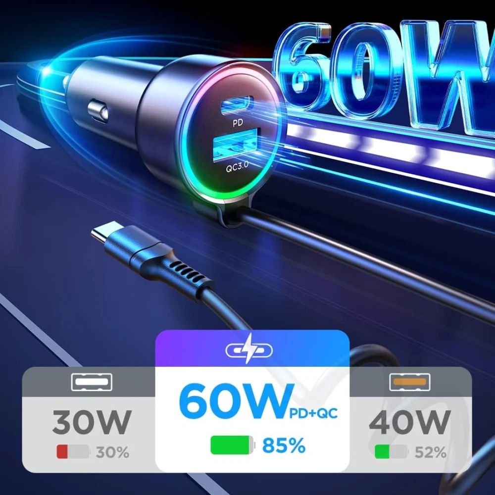 Joyroom 3 in 1 fast car charger with USB Type C cable 1.6m 60W black (JR-CL07)eng