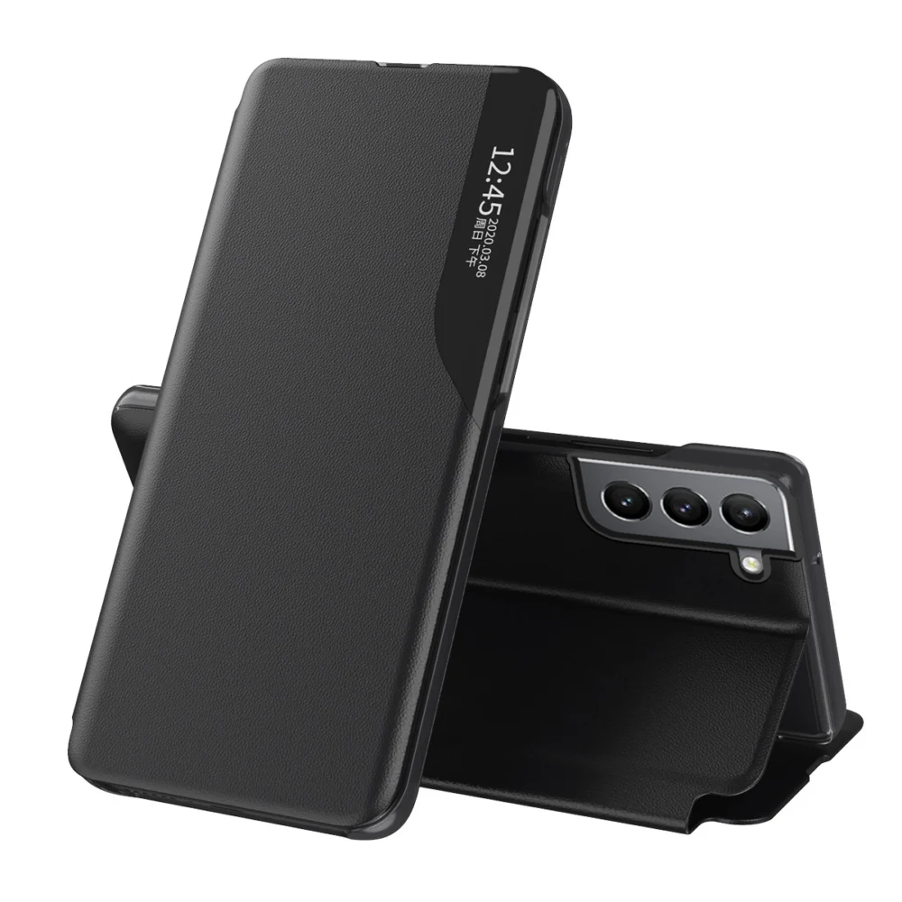 Eco Leather View Case elegant case with a flip cover and stand function for Samsung Galaxy S22 + (S22 Plus) blackeng