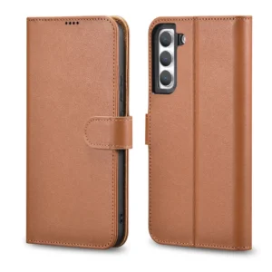 iCarer Haitang Leather Wallet Case Leather Case for Samsung Galaxy S22 + (S22 Plus) Wallet Housing Cover Brown (AKSM05BN)eng