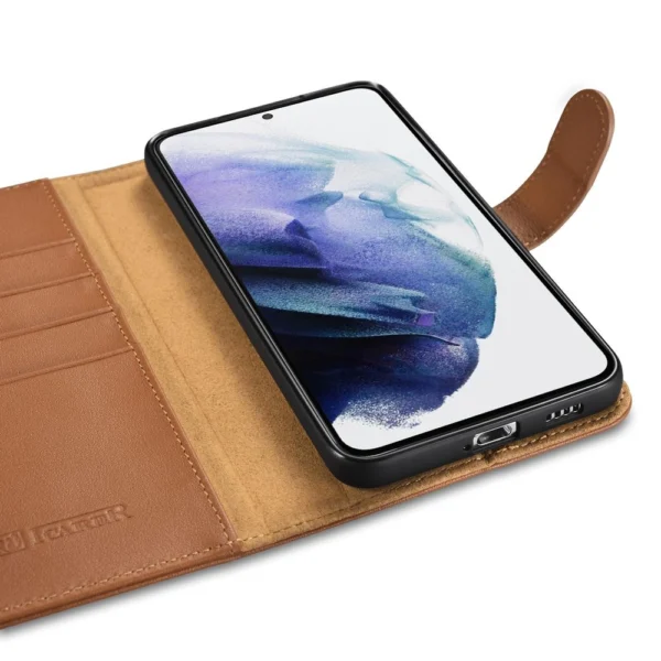iCarer Haitang Leather Wallet Case Leather Case for Samsung Galaxy S22 + (S22 Plus) Wallet Housing Cover Brown (AKSM05BN)eng