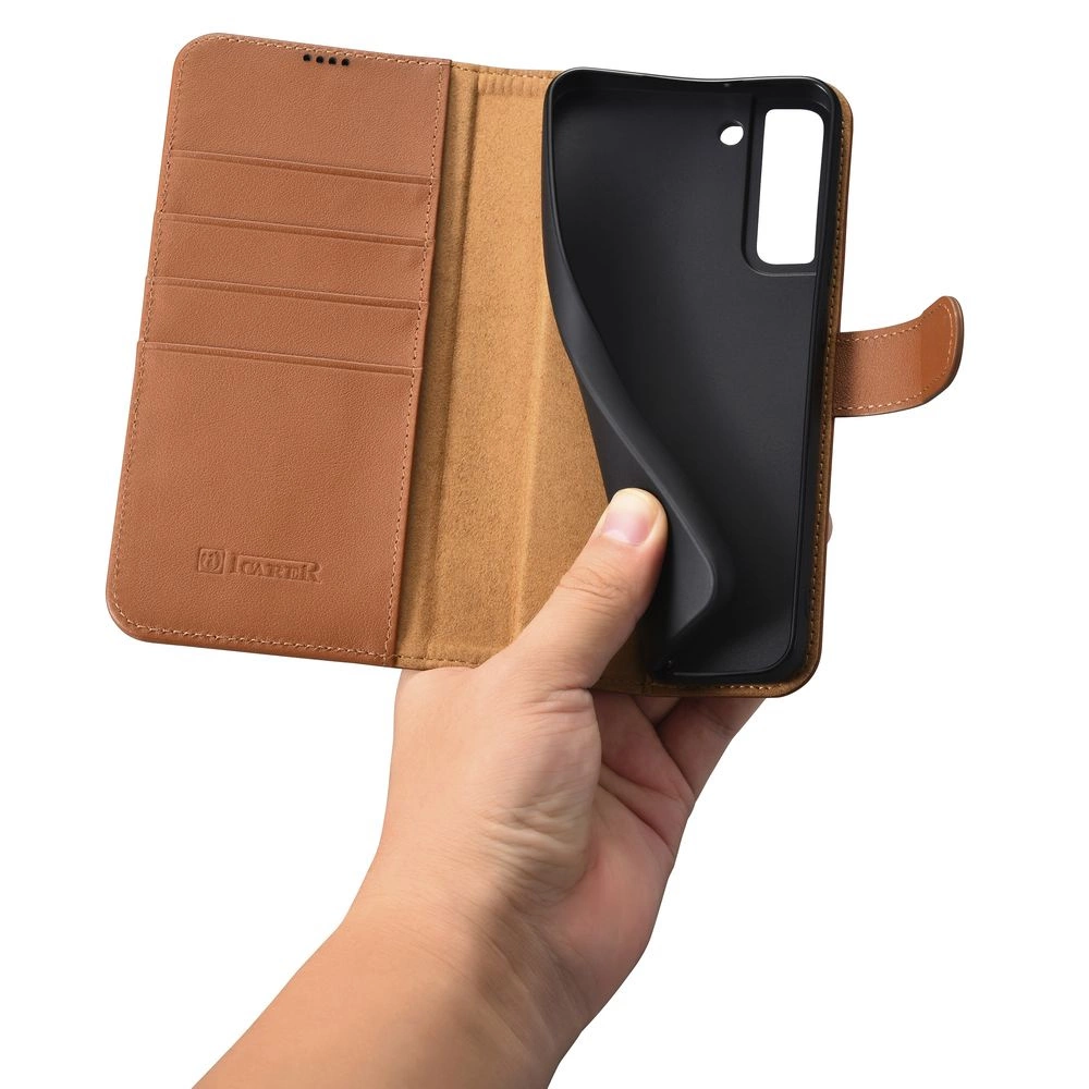 iCarer Haitang Leather Wallet Case Leather Case for Samsung Galaxy S22 + (S22 Plus) Wallet Housing Cover Brown (AKSM05BN)eng