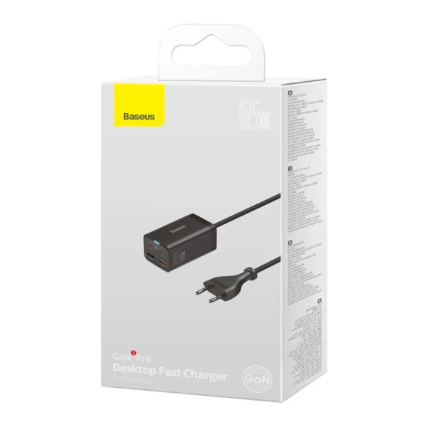 Baseus GaN3 Pro fast charger GaN 2 x USB Type C / 2 x USB 65W PD, QC4.0+, AFC, PPS + cable USB Type C - USB Type C 1m black (CCGP040101)eng