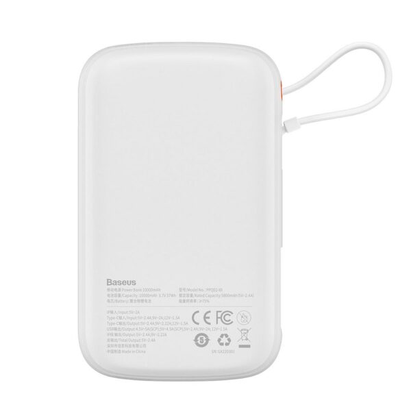 BASEUS powerbank 10 000 mAh with built-in cable Lightning + cable USB A to Type C PD QC3.0 3A 20W PPQD020002 white