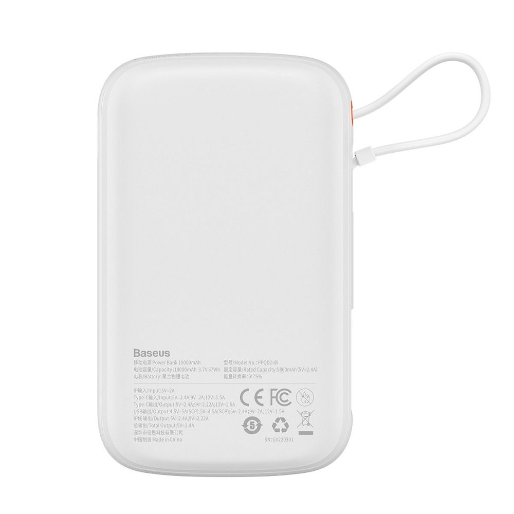 BASEUS powerbank 10 000 mAh with built-in cable Lightning + cable USB A to Type C PD QC3.0 3A 20W PPQD020002 white