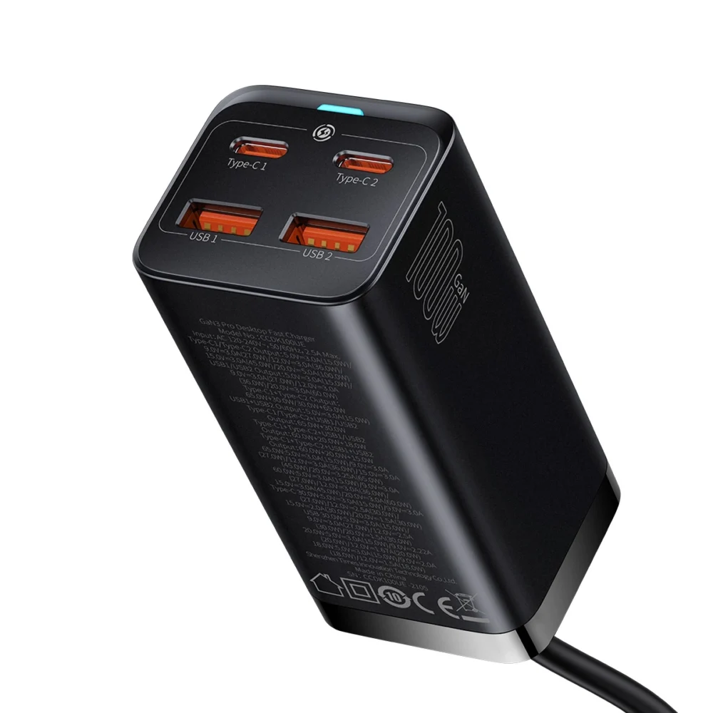 Baseus GaN3 Pro fast universal GaN charger 2 x USB Type C / 2x USB 100W PD3.0, QC4.0 +, AFC black (CCGP000101)eng