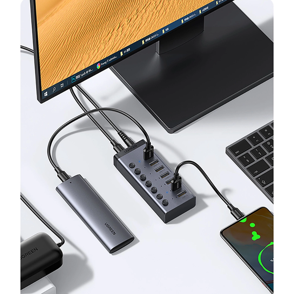 Ugreen multifunctional HUB 7in1 USB Type C - 7x USB Type A 3.0 PD DC 12V gray (CM481)eng