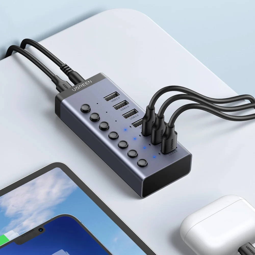 Ugreen multifunctional HUB 7in1 USB Type C - 7x USB Type A 3.0 PD DC 12V gray (CM481)eng