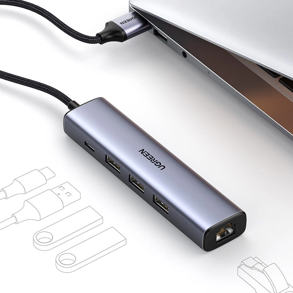 Ugreen multifunctional adapter HUB USB 3.0 - 3 x USB / Ethernet RJ-45 / USB Type C PD gray (CM475)eng