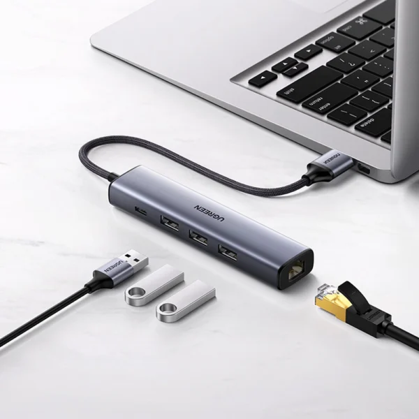 Ugreen multifunctional adapter HUB USB 3.0 - 3 x USB / Ethernet RJ-45 / USB Type C PD gray (CM475)eng