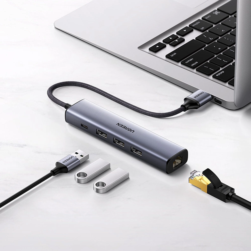 Ugreen multifunctional adapter HUB USB 3.0 - 3 x USB / Ethernet RJ-45 / USB Type C PD gray (CM475)eng