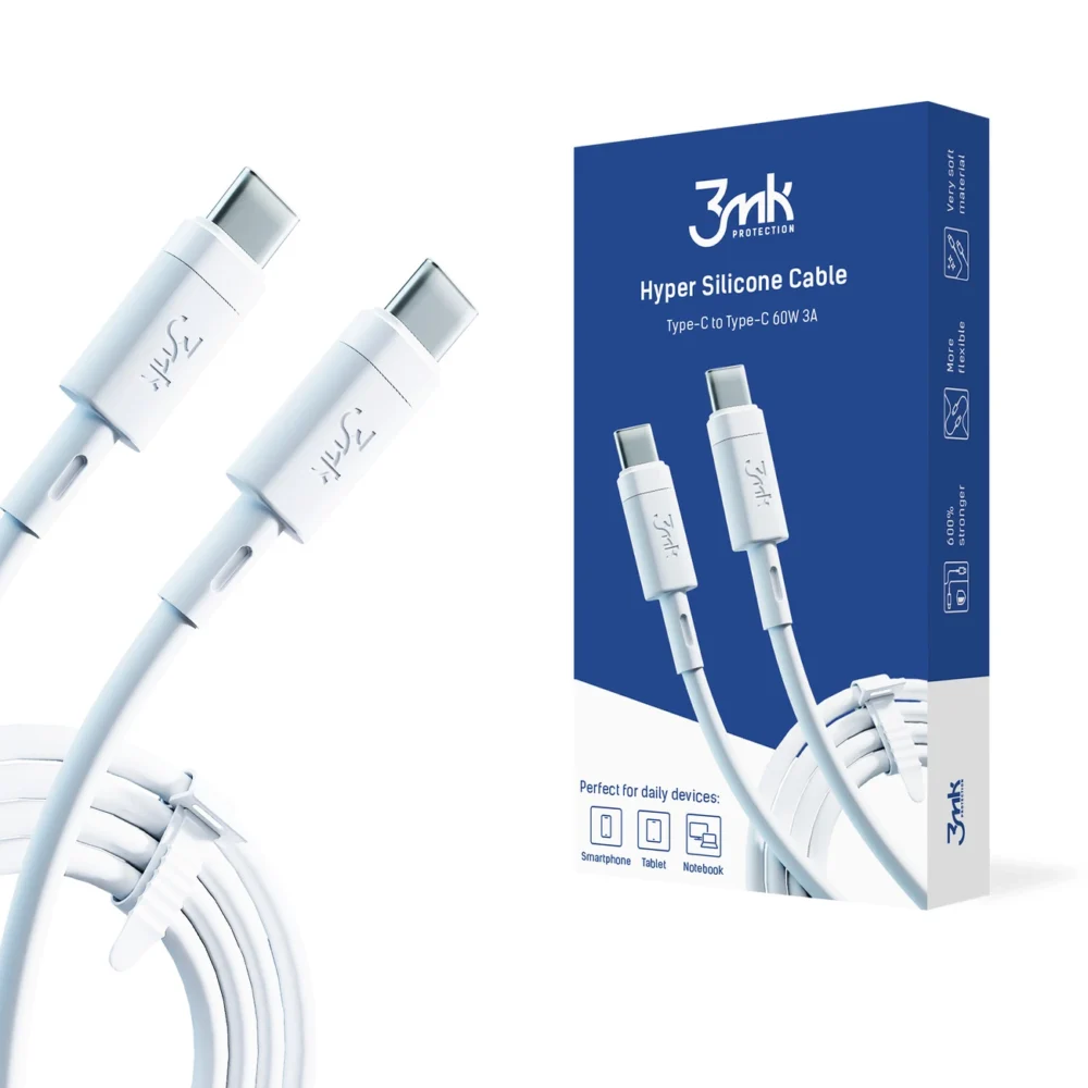 91926_1 3MK HyperSilicone Cable USB-C / USB-C white cable 1m 60W 3Aeng