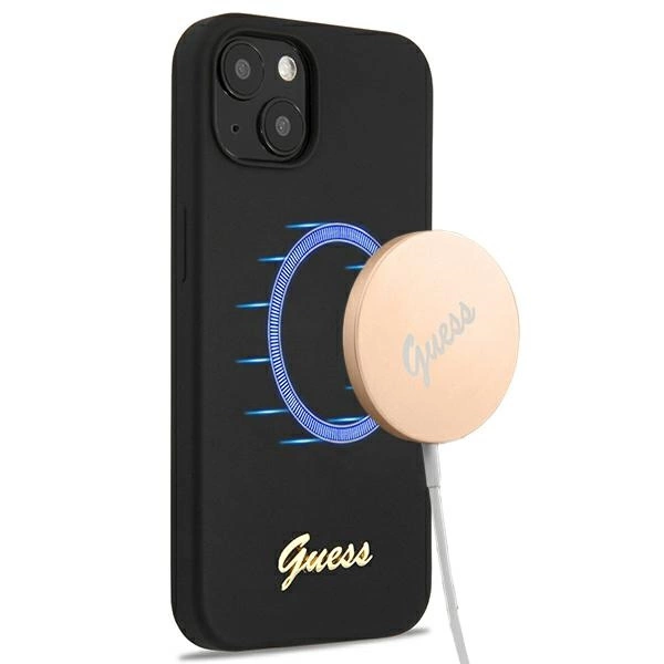 Guess GUHMP13MLSLMGBK iPhone 13 6.1" black/black hardcase Silicone Script Gold Logo Magsafeeng