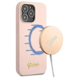 Guess GUHMP13XLSLMGLP iPhone 13 Pro Max 6.7" light pink/light pink hardcase Silicone Script Gold Logo Magsafeeng